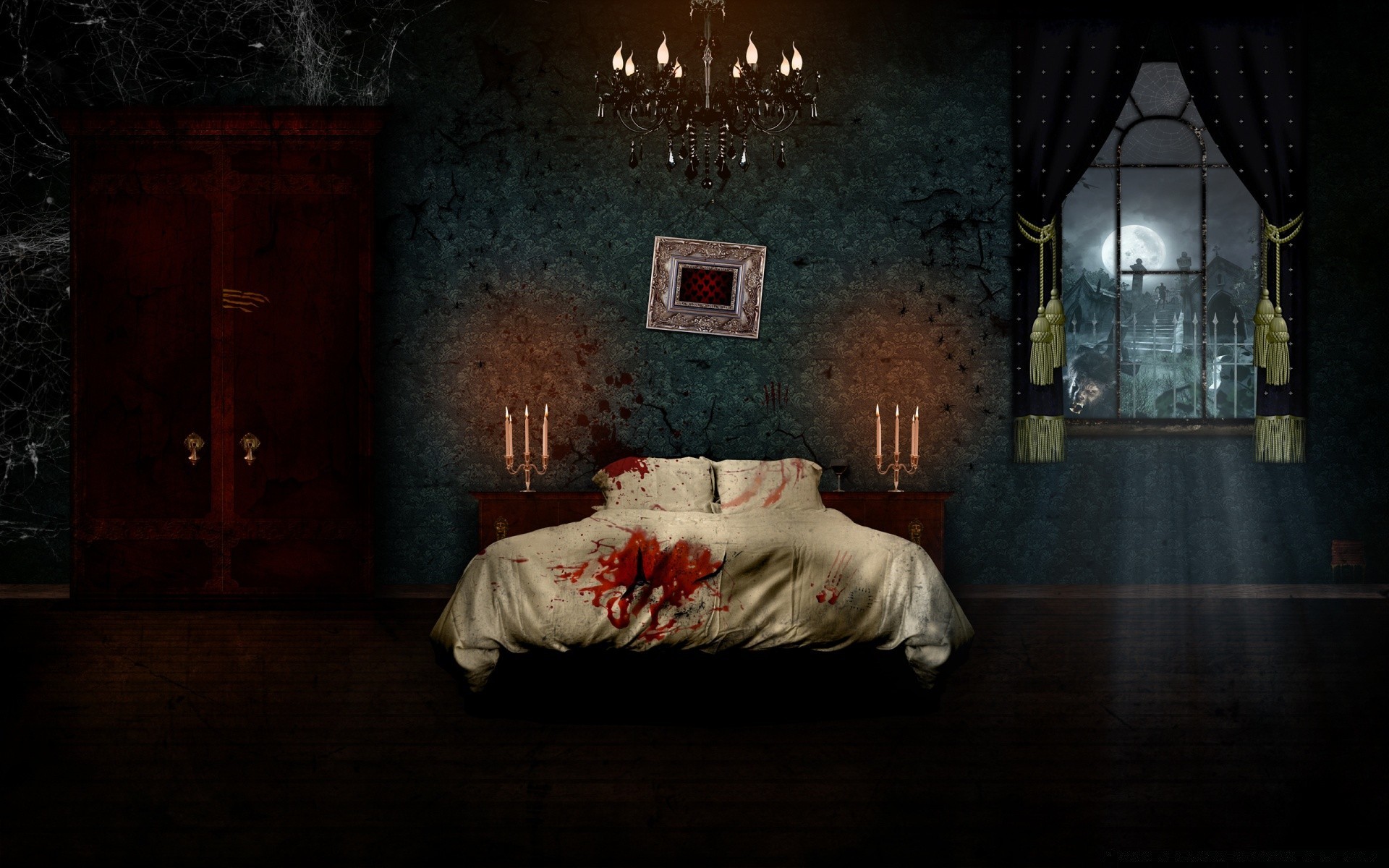 хэллоуин номер в помещении мебель кровать дома спальня свет лампа семья
