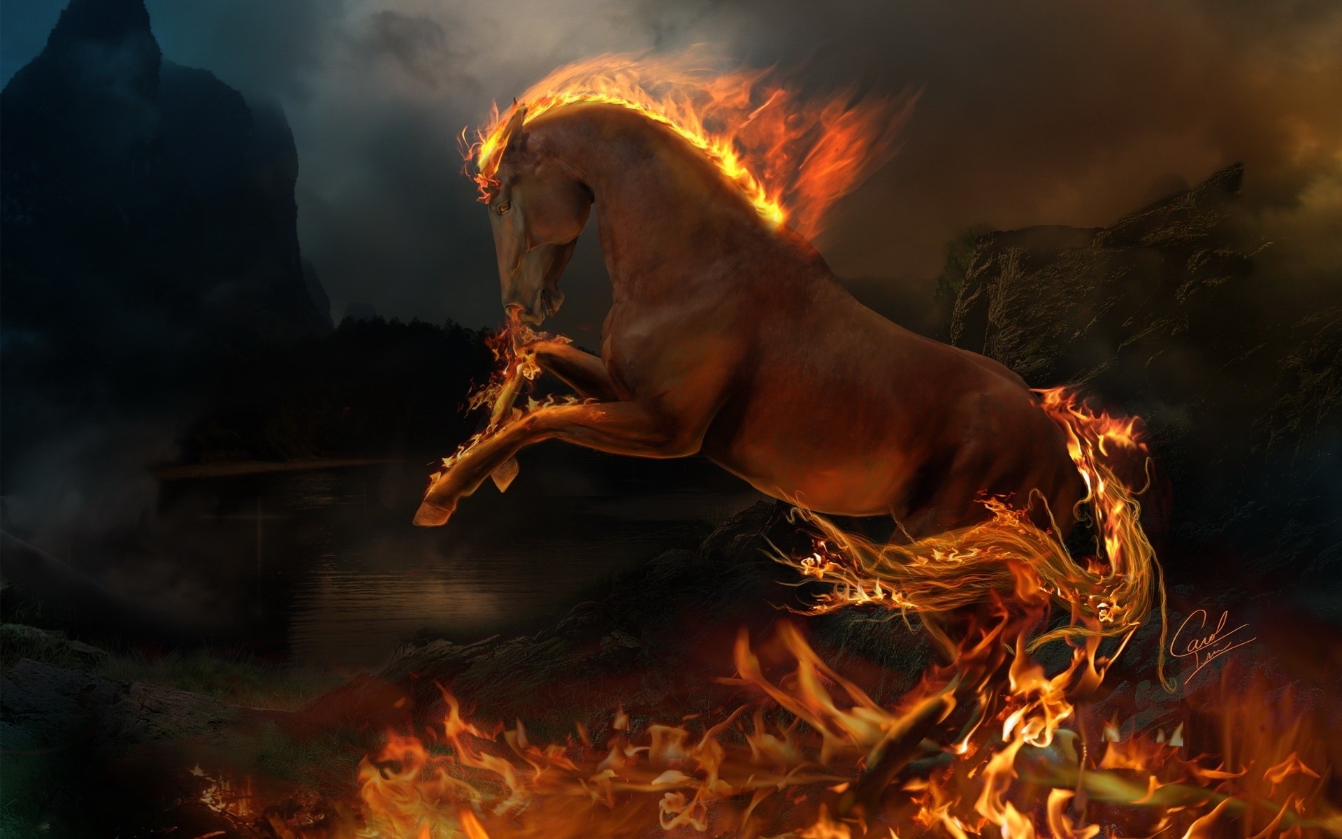 feu flamme fumée feu de joie un chaud feu de joie portrait danger magie chaleur frêne cheval fantaisie