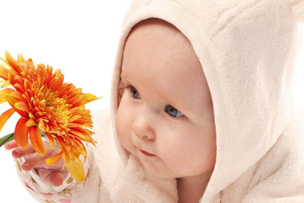 Enfant en bas âge sur fond blanc avec fleur