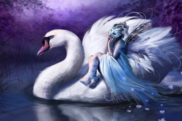 Fairy and swan on a fairy pond