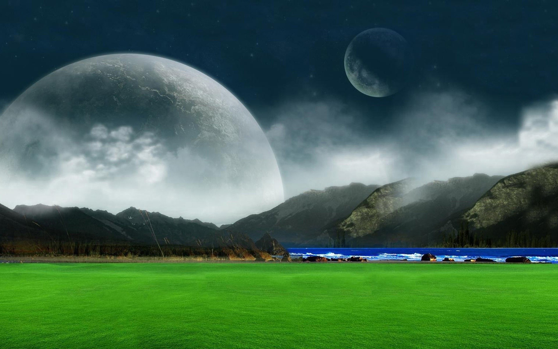 fantasie himmel landschaft mond im freien reisen natur gras berge