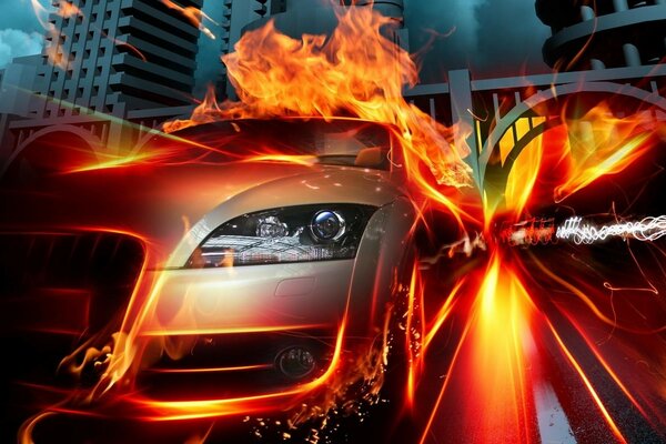 Auto in movimento brucia fuoco fiamma