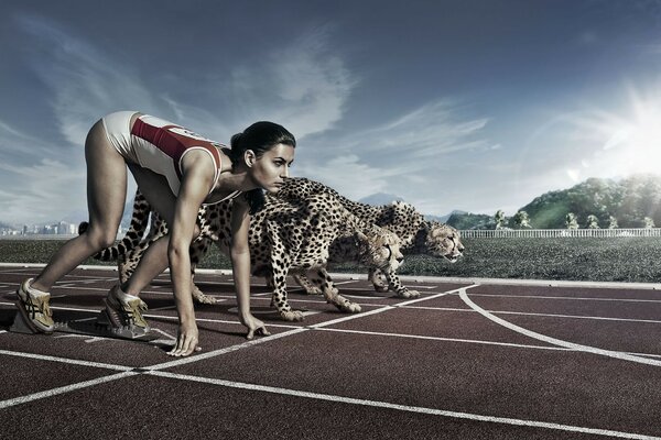 A female athlete and jaguars in nature