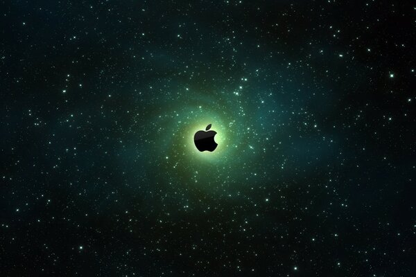 Apple logo in a starry green space