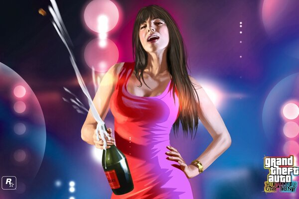 Beautiful girl with champagne dancing