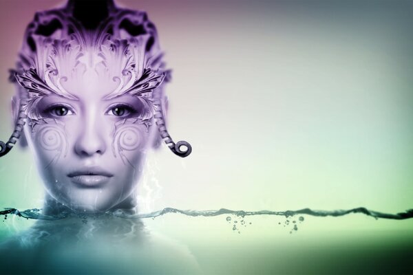 A girl s face against a background of multicolored water