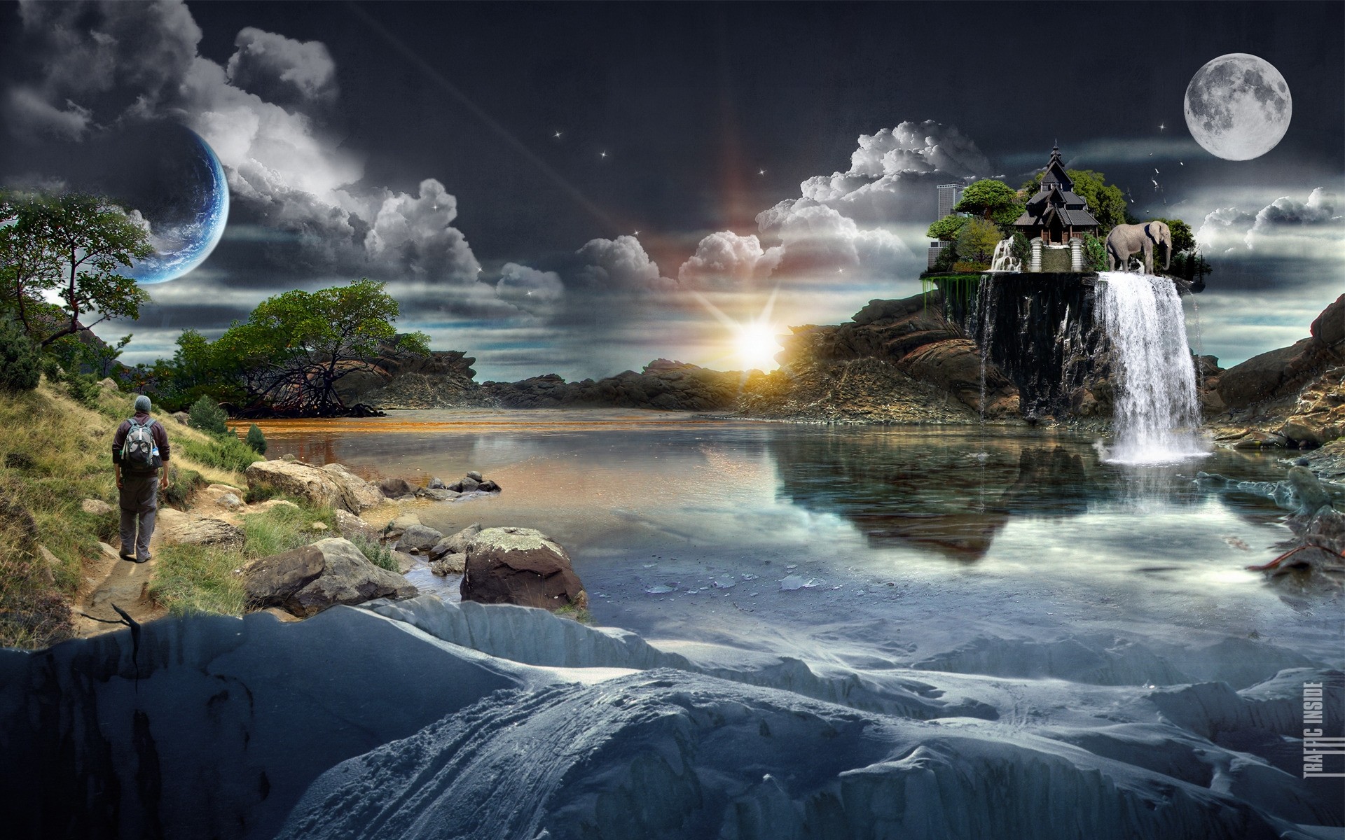 fantasy water landscape travel sky nature rock outdoors river moon waterfall light environment dawn elephant sun