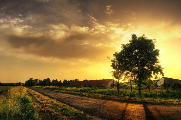 O pôr do sol em chamas queima sobre a cidade em chamas