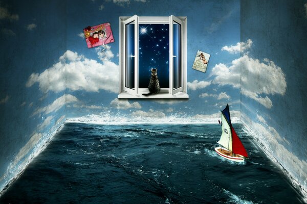 Illustration of the abstraction of the sea with a sailboat window with a cat in a cube