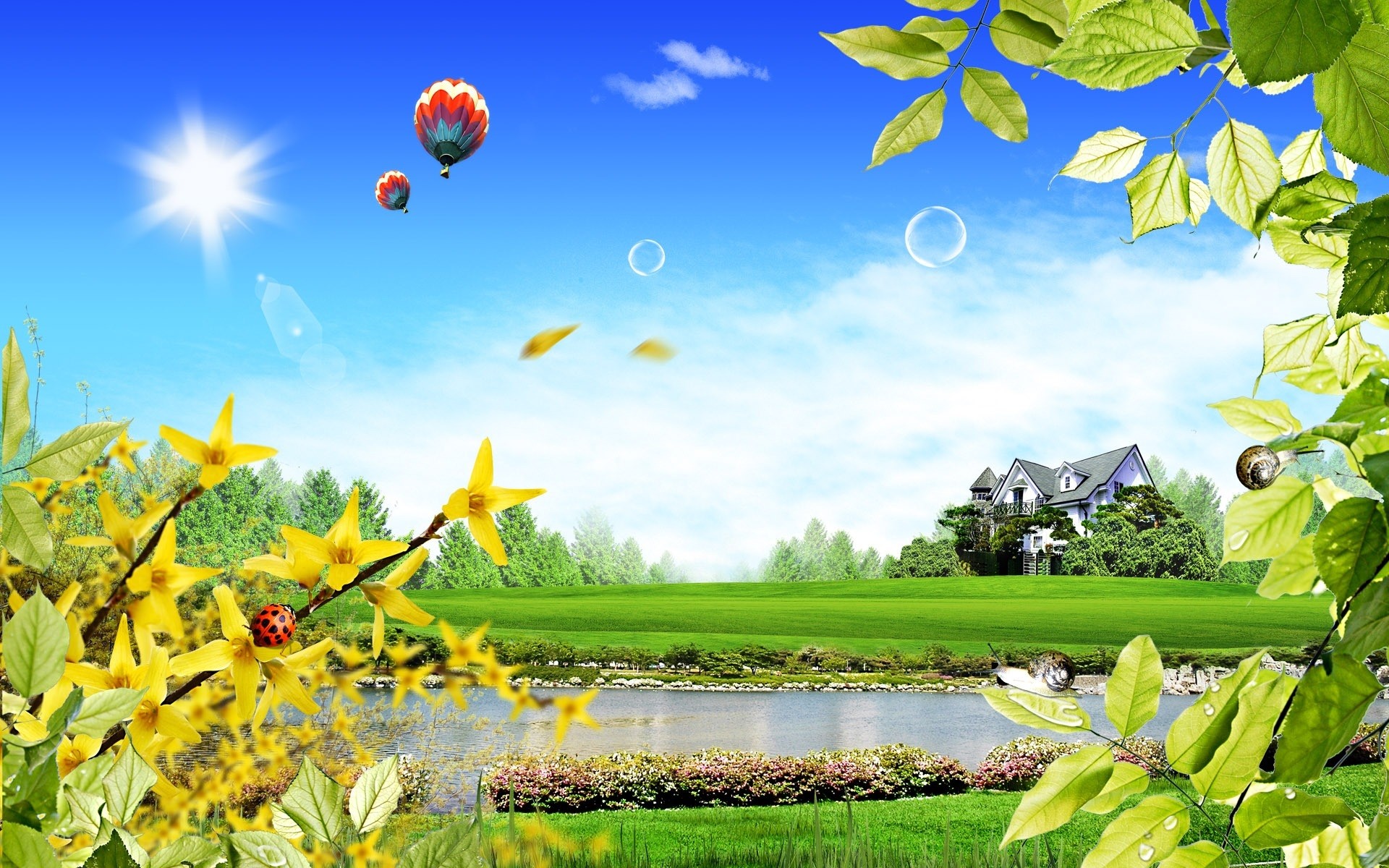 fantasy nature summer leaf sky grass flora tree landscape garden season outdoors flower field beautiful house balloon