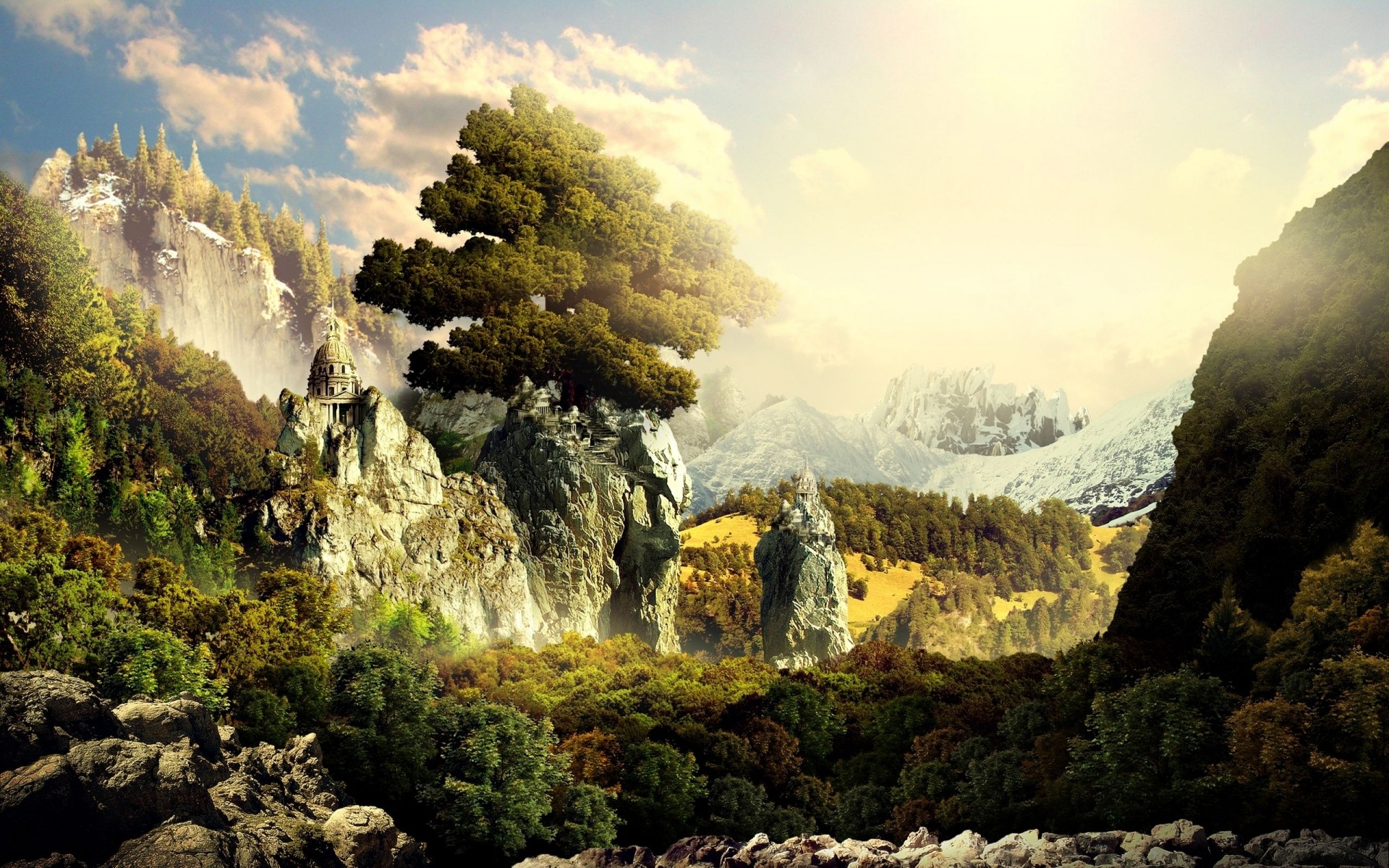 fantasy travel landscape outdoors water mountain nature rock scenic fall tree sky wood river