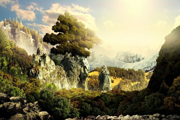 Fantasy landscape with mountain view