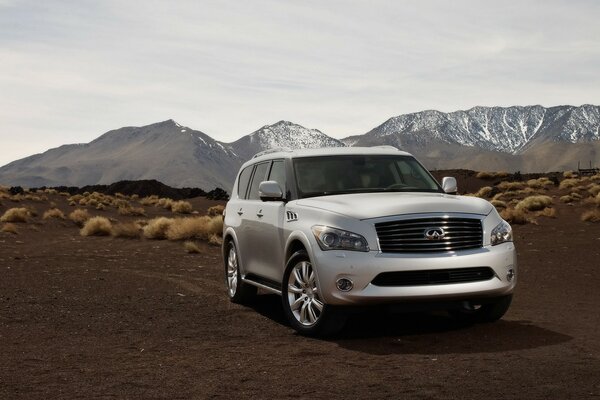 The SUV is silver against the background of snow-capped mountains