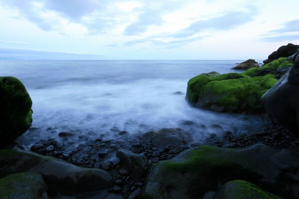 Misty sea and green mountains