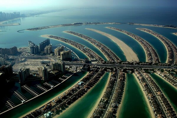 Vista de pájaro de una isla en forma de palmera en los Emiratos Árabes Unidos