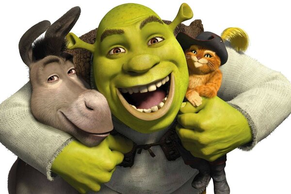 Shrek abraça um burro e um gato