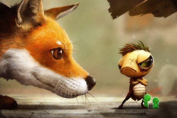 Fox and insect in cartoon style