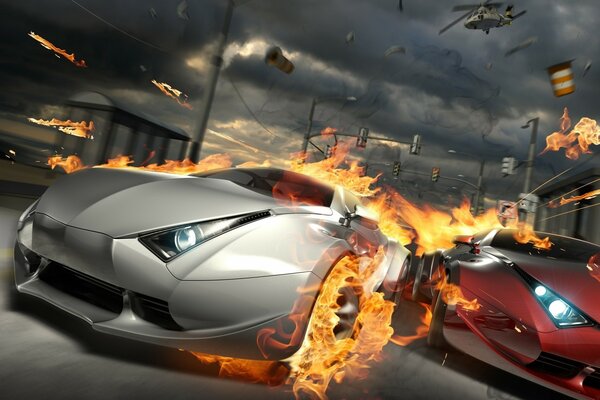 Foto com jogo de corrida, carro em chamas