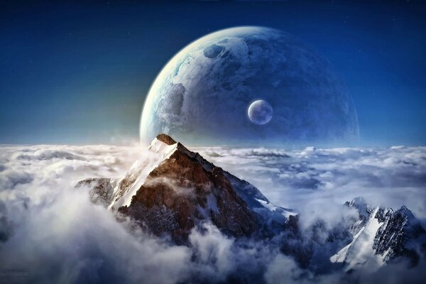 地球轮廓中的天空、山和月亮