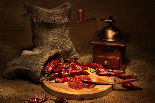 Capsicum red pepper and coffee grinder