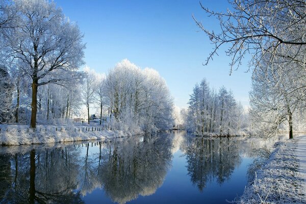 Winter und seine Reflexion im Wasser Hintergrund