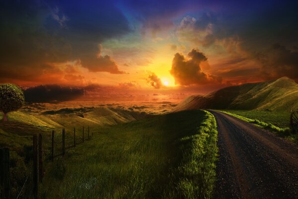 The road leading to the sunset in the field