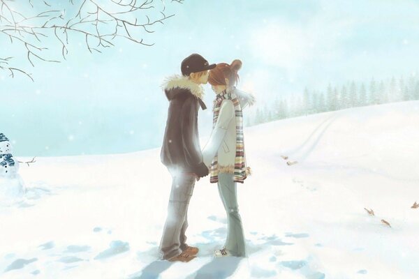 Couple from anime on a winter background