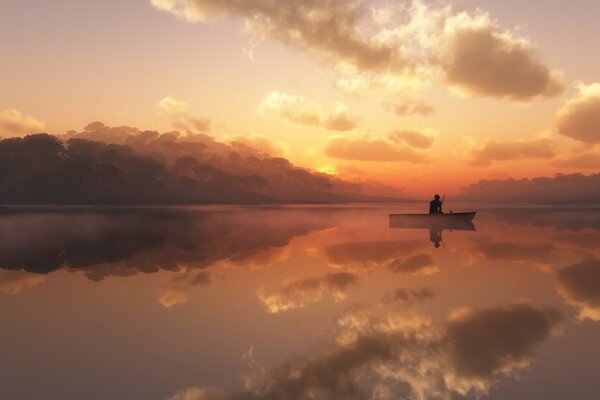 Homme rencontre coucher de soleil dans le bateau dans la soirée