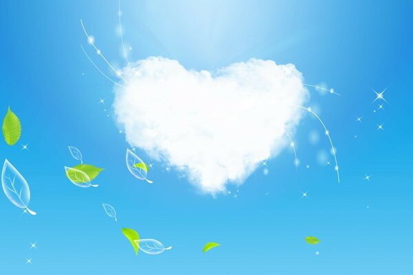 Ilustración de un corazón de nubes en el cielo entre las hojas de los árboles