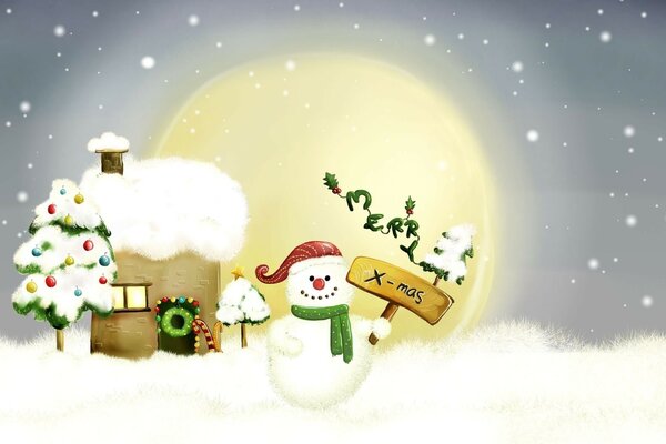 Snowman and fluffy snow-covered Christmas trees