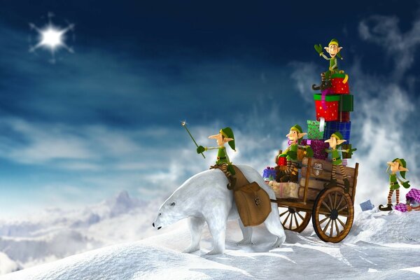 A polar bear harnessed to a sleigh carries gifts