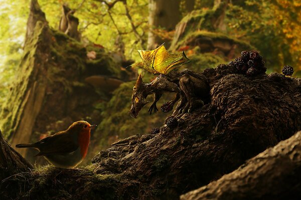 A little dragon on a fallen tree