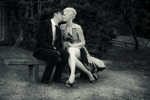 Romance on a bench in retro style