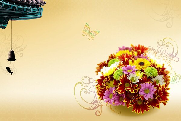 Butterflies are circling near a beautiful bouquet