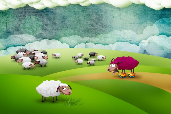 Cartoon. Grass. Field. Sheep