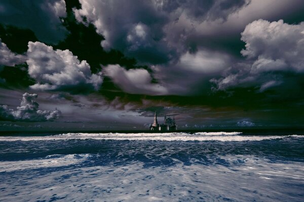 Rocky castle on the background of the raging elements