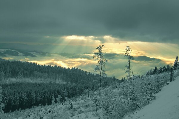 Snowy mountain landscape on a cloudy day