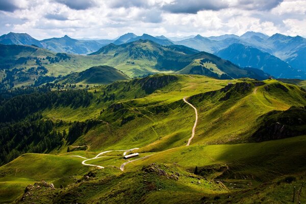 Landschaft von weitläufigen grünen Wiesen