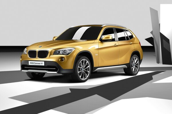 BMW gold-colored car front view from the side