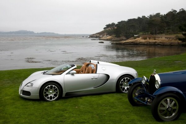 Foto des Bugatti-Autos auf dem Hintergrund der Natur