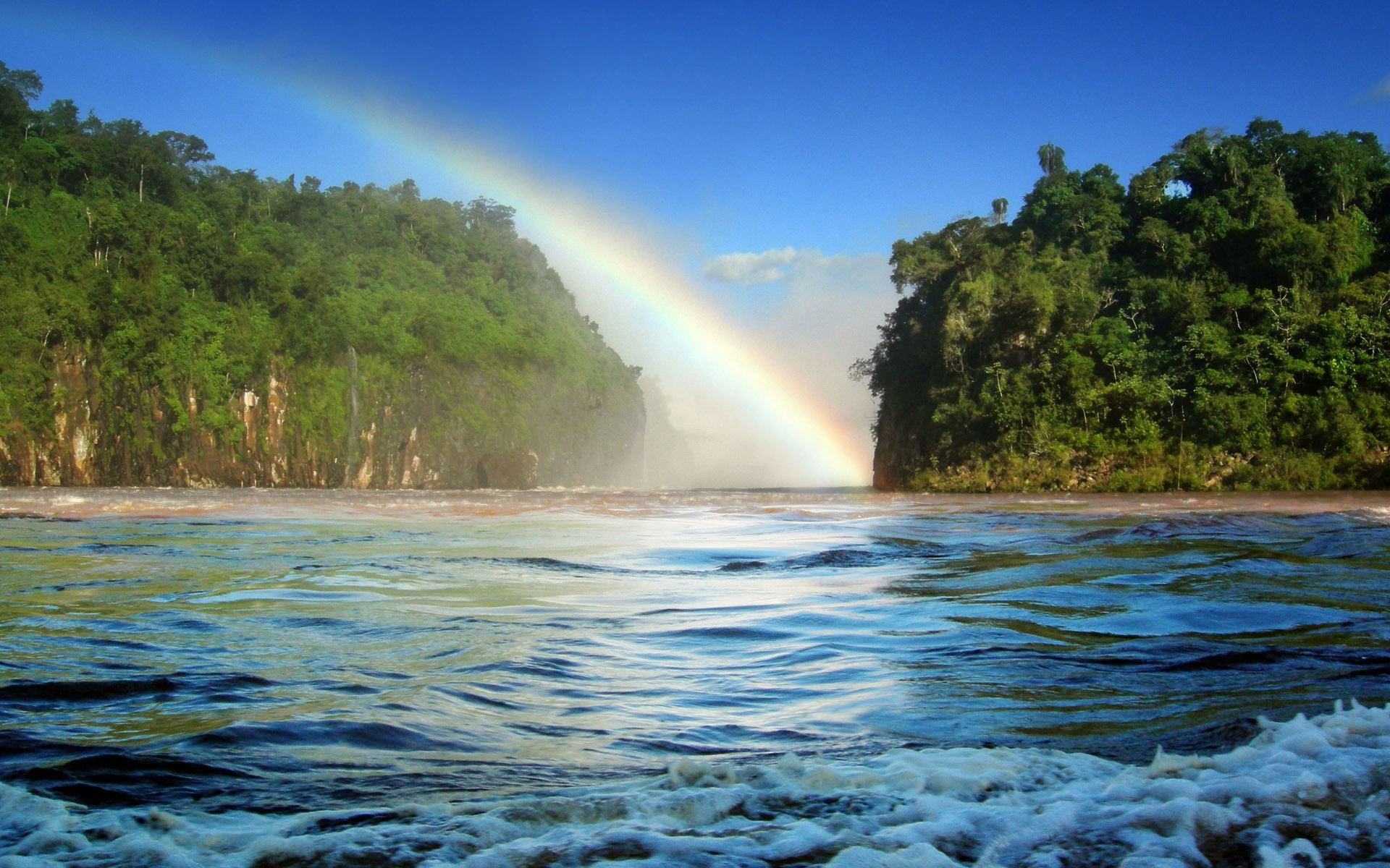 landscapes water rainbow nature summer travel landscape tropical waterfall river outdoors fair weather sun tree sea forest