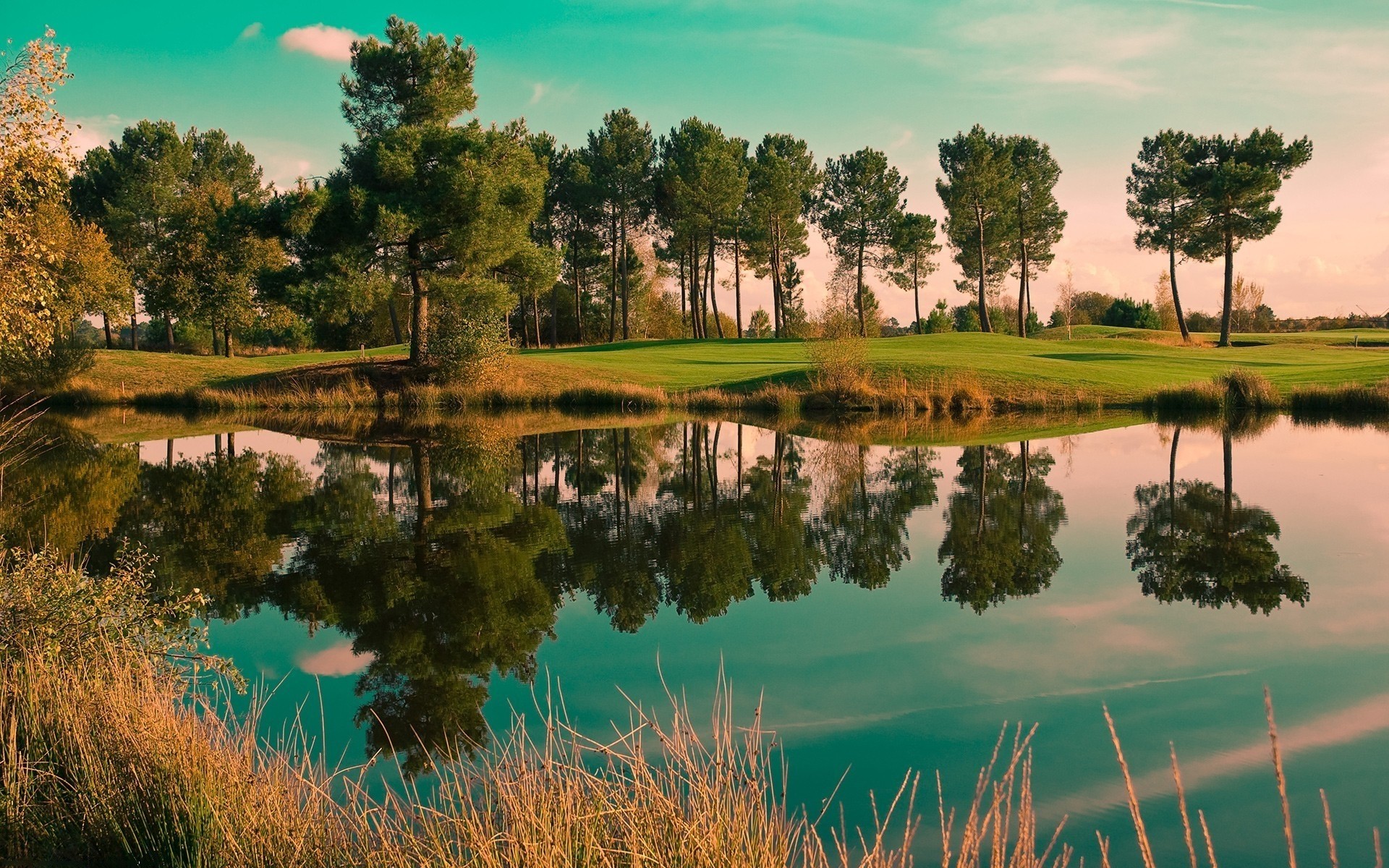 paysage arbre lac réflexion paysage eau nature aube piscine herbe rivière coucher de soleil à l extérieur été ciel pittoresque idylle soleil bois campagne fond