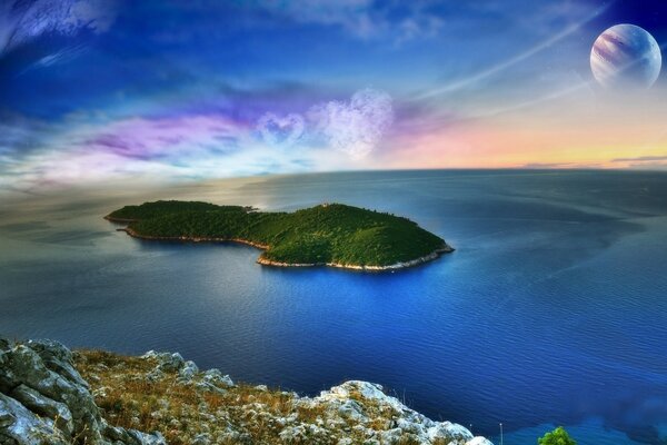 Green island in the sea on the background of the moon