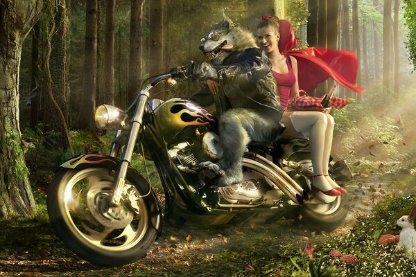 Fantasy illustration of the Wolf and Little Red Riding Hood