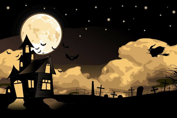 Illustration of Halloween in cartoon style on the background of the moon