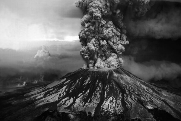 Active volcano in black and white