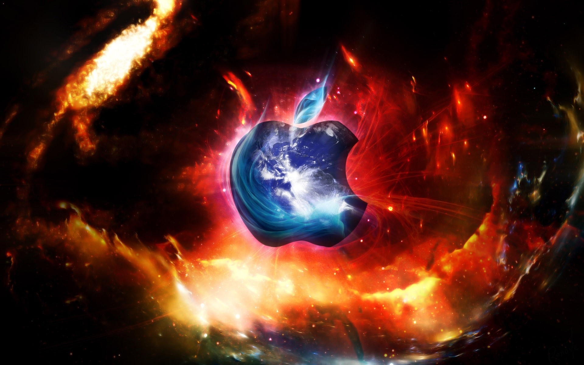 apple astronomie résumé lumière espace fumée surréaliste science fantaisie énergie galaxie flamme plasma luminescence espace fractale explosion logo fond solaire