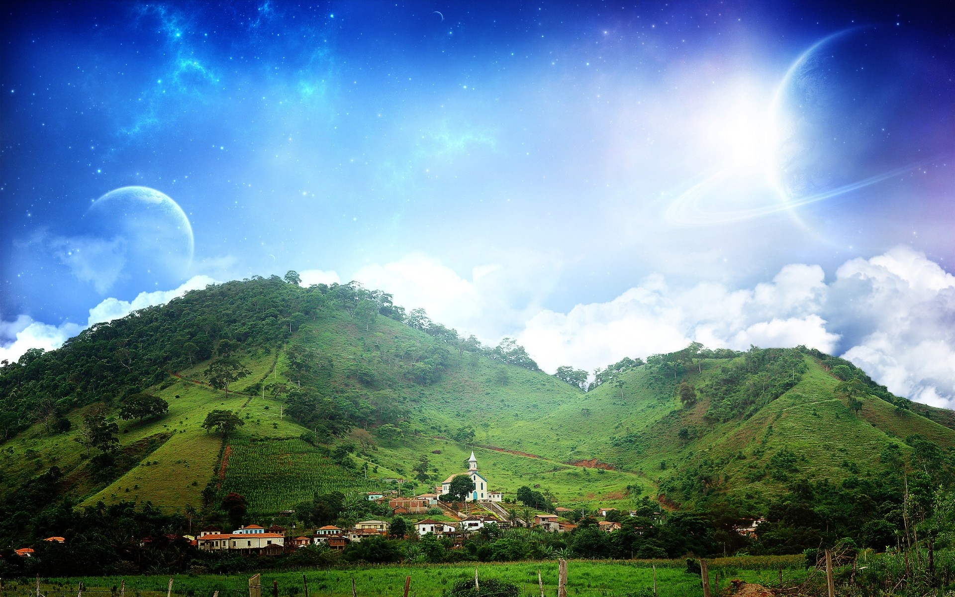 landschaft natur landschaft berge himmel hügel reisen sonne baum sommer gras spektakel landschaftlich schön im freien gutes wetter heuhaufen haus kirche hintergrund