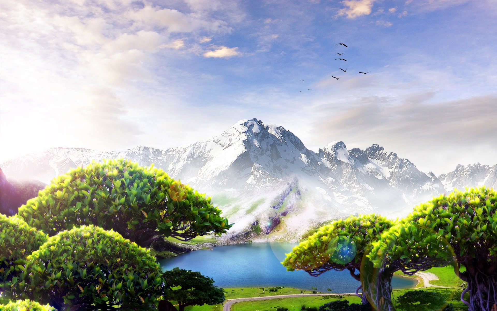 photo manipulation nature water landscape travel outdoors tree sky grass mountain summer lake wood