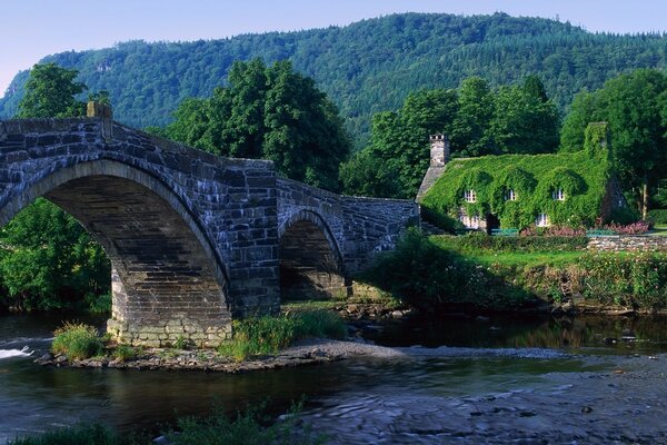 A bridge over the river and a house overgrown with greenery against the background of mountains